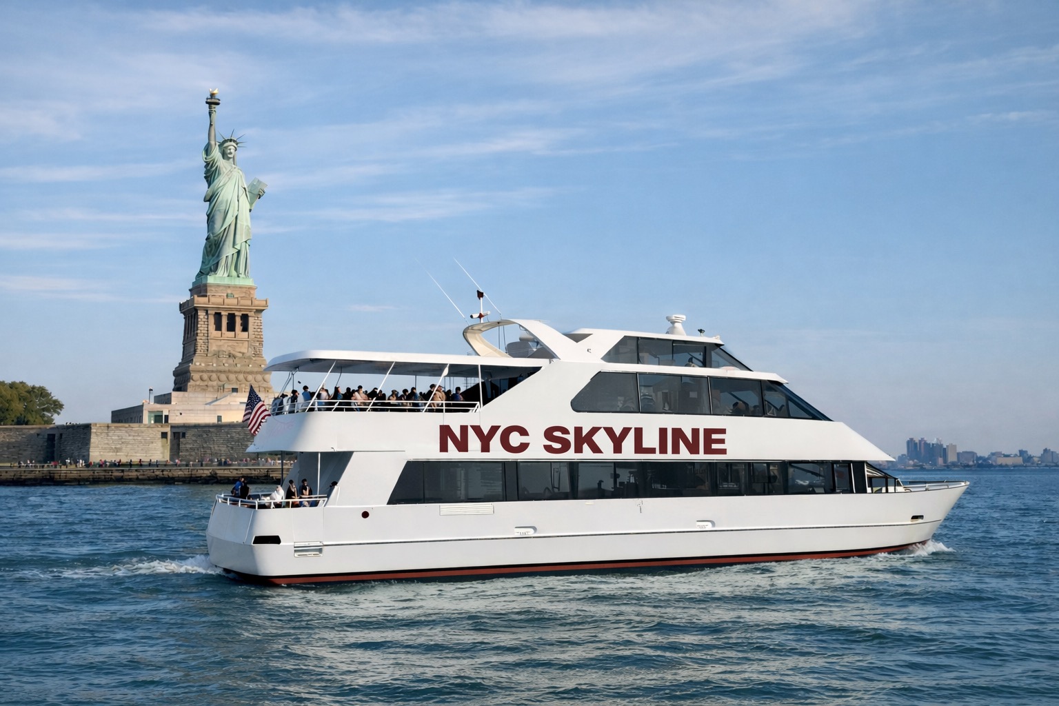 The NYC Skyline cruise boat with the Statue of Liberty